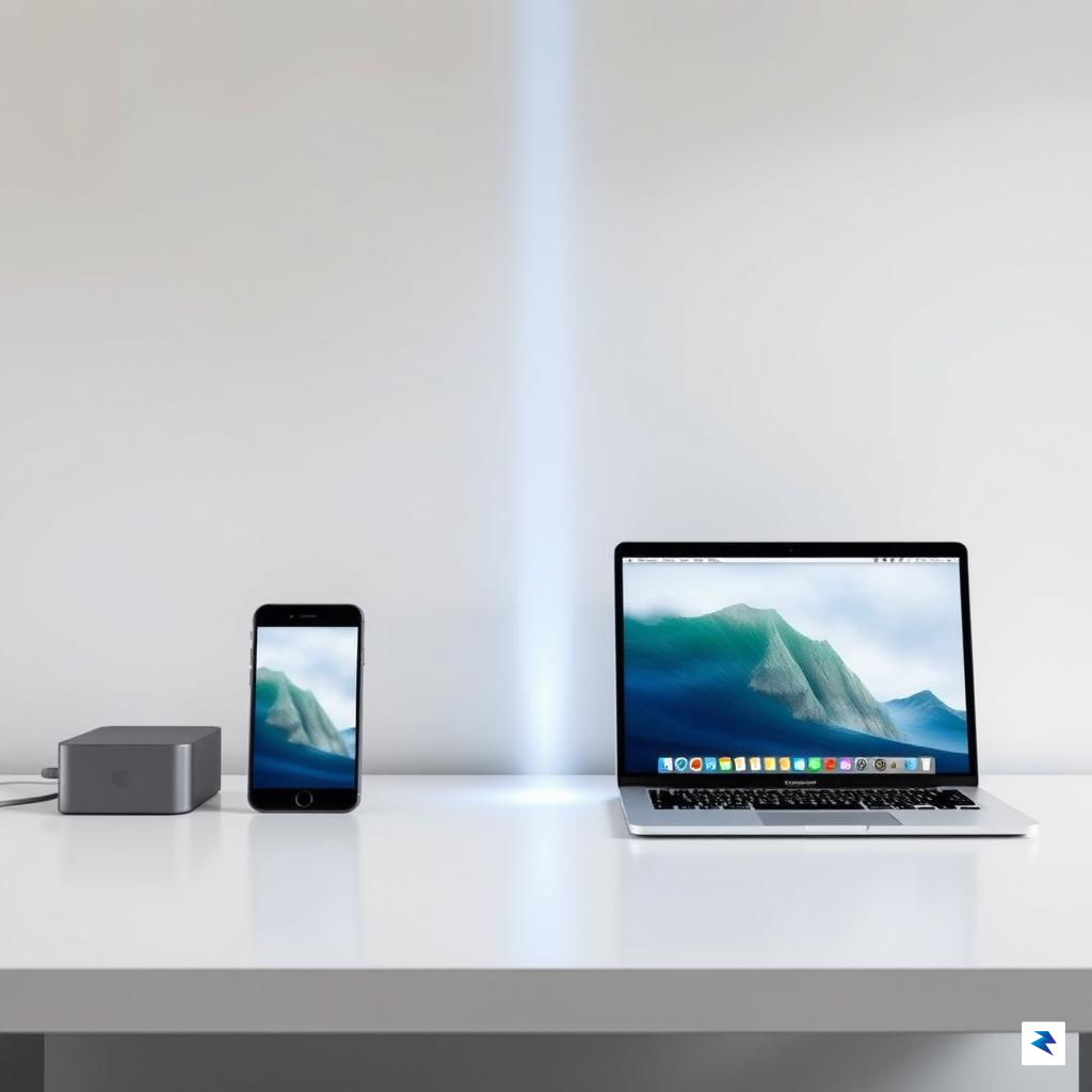 A sleek, minimalist office setup featuring an iPhone, iPad, and&hellip;