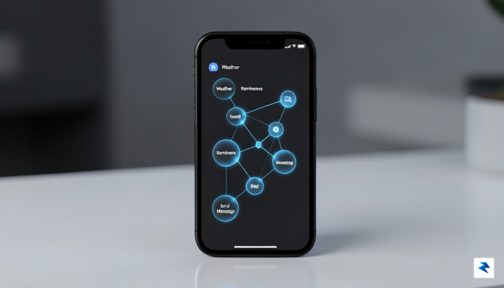 A sleek, minimalist smartphone screen showing a complex Shortcuts flow&hellip;