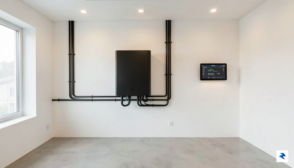 A clean, modern home electrical room featuring a sleek, wall-mounted…