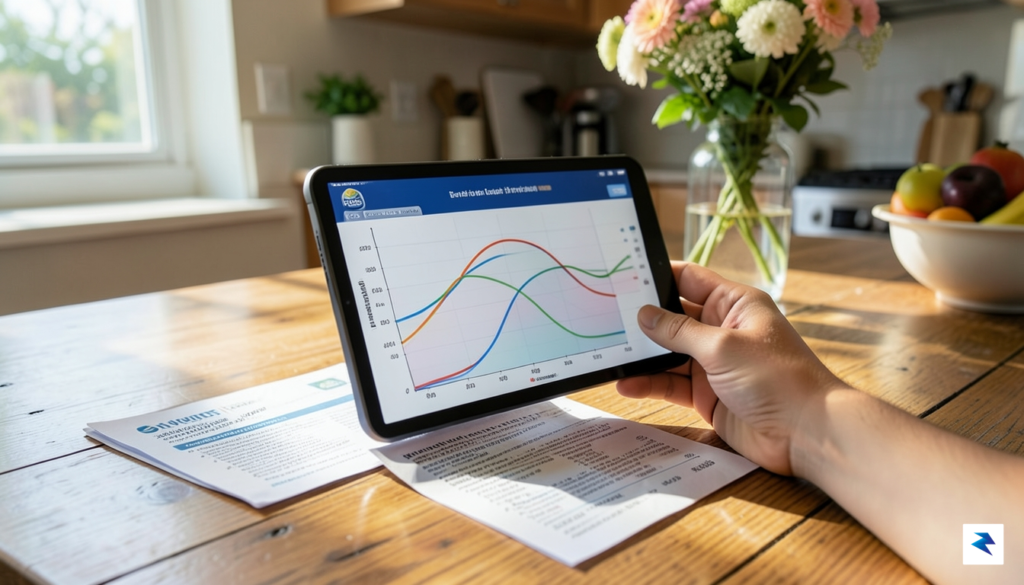 A close-up photo of a homeowner holding a tablet displaying…