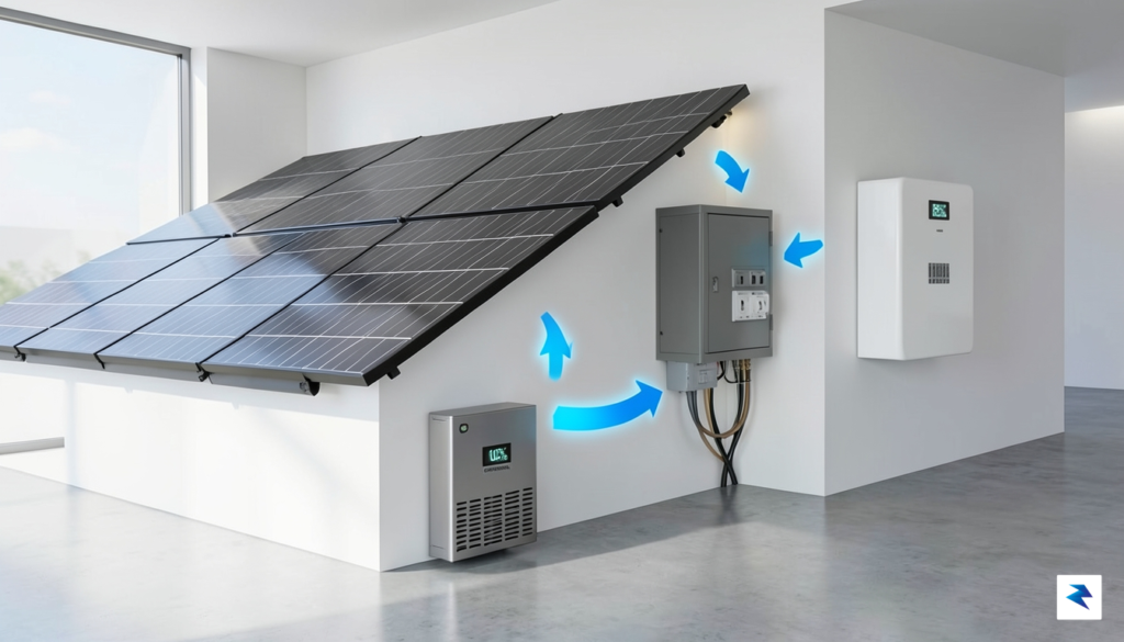 A clean, 3D technical illustration showing a home energy storage…