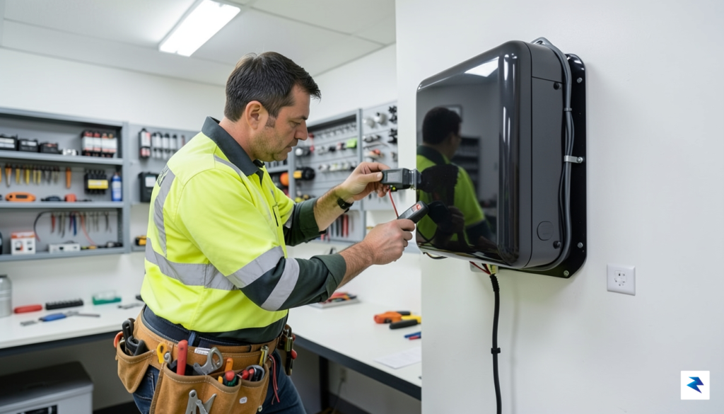 A professional electrician in a bright, organized utility room inspecting…
