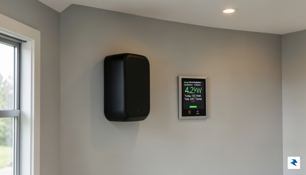 A clean, modern home battery unit mounted on a finished…