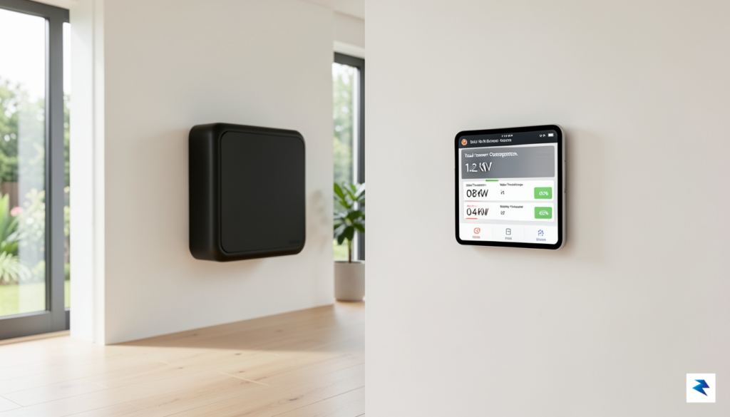 A modern, minimalist home interior featuring a sleek, wall-mounted lithium-ion…
