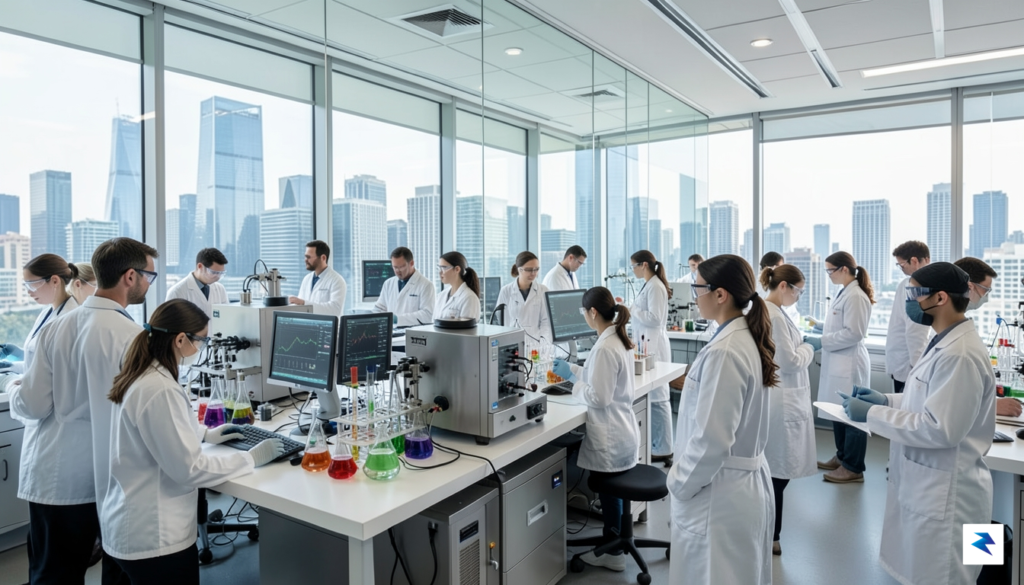 A wide-angle shot of a high-tech modern laboratory with glass&hellip;