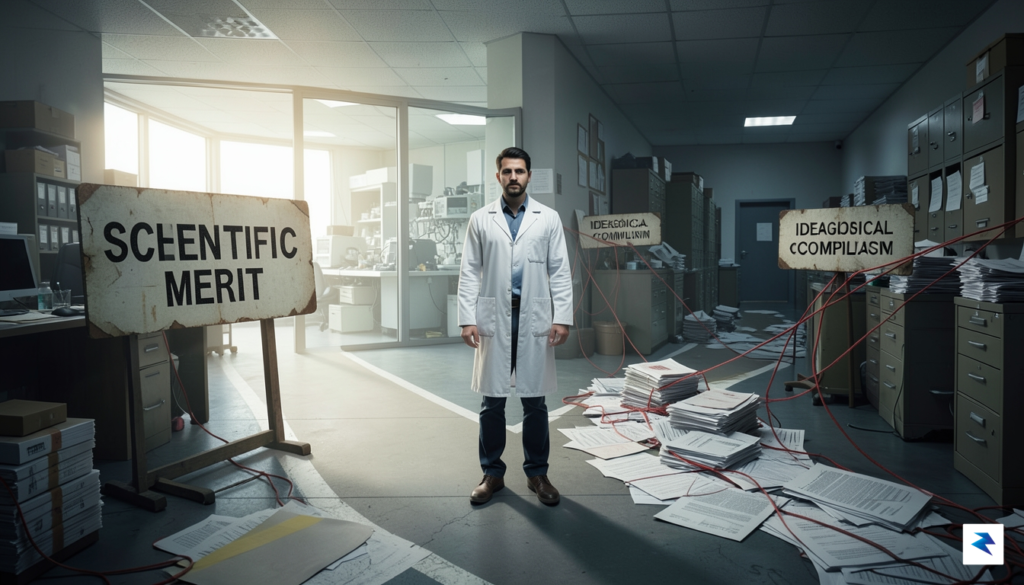 A conceptual illustration showing a researcher standing at a crossroads,&hellip;
