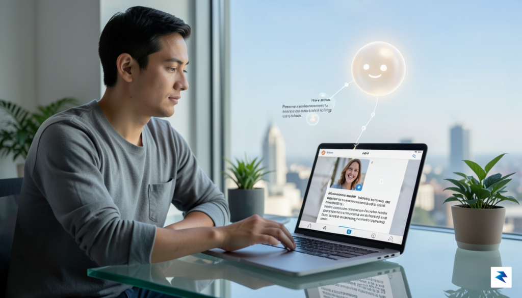 A person looking thoughtfully at a laptop screen with a&hellip;