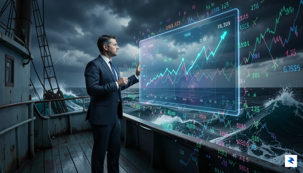 A conceptual digital illustration showing a calm investor looking at&hellip;
