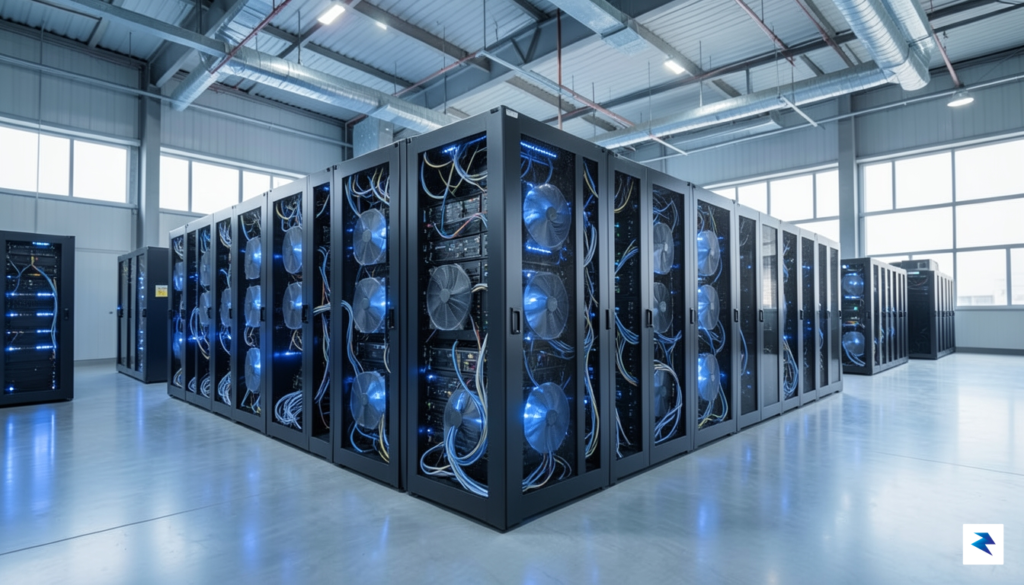 A high-tech industrial Bitcoin mining data center featuring rows of&hellip;
