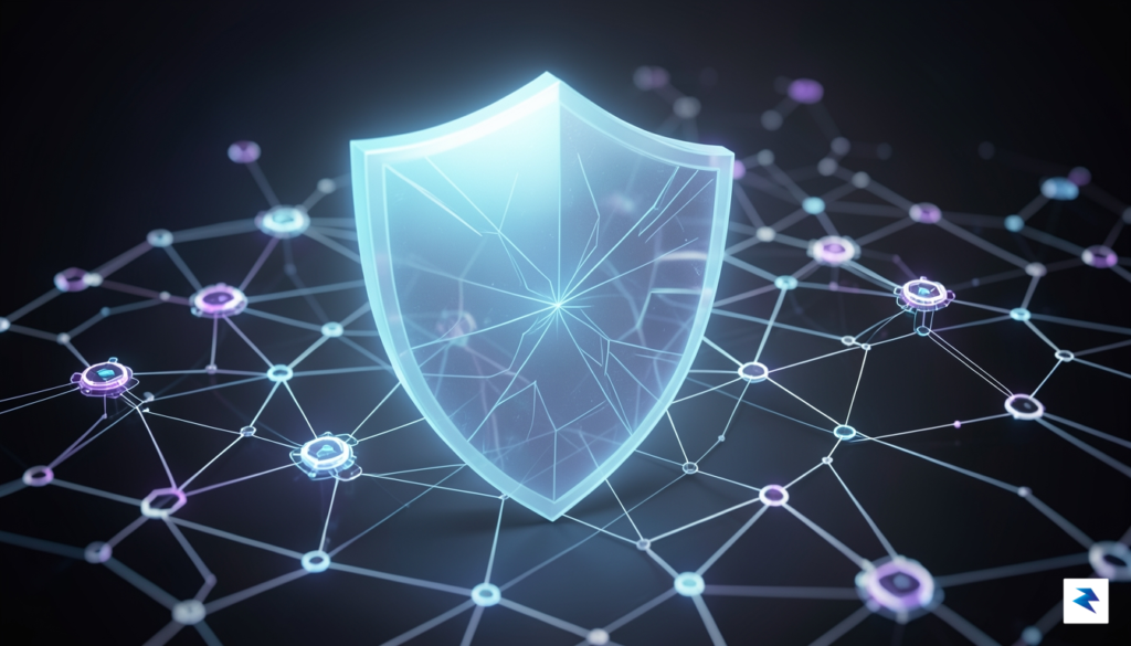 A conceptual digital illustration showing a glowing, transparent shield overlaying&hellip;