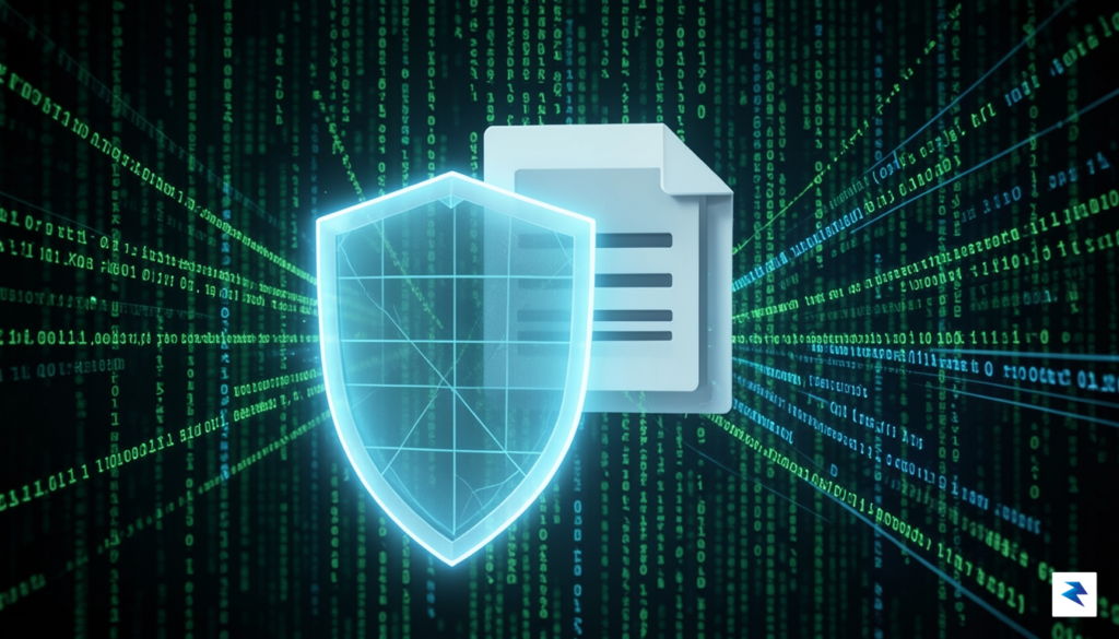 A conceptual digital illustration showing a translucent, glowing digital shield&hellip;