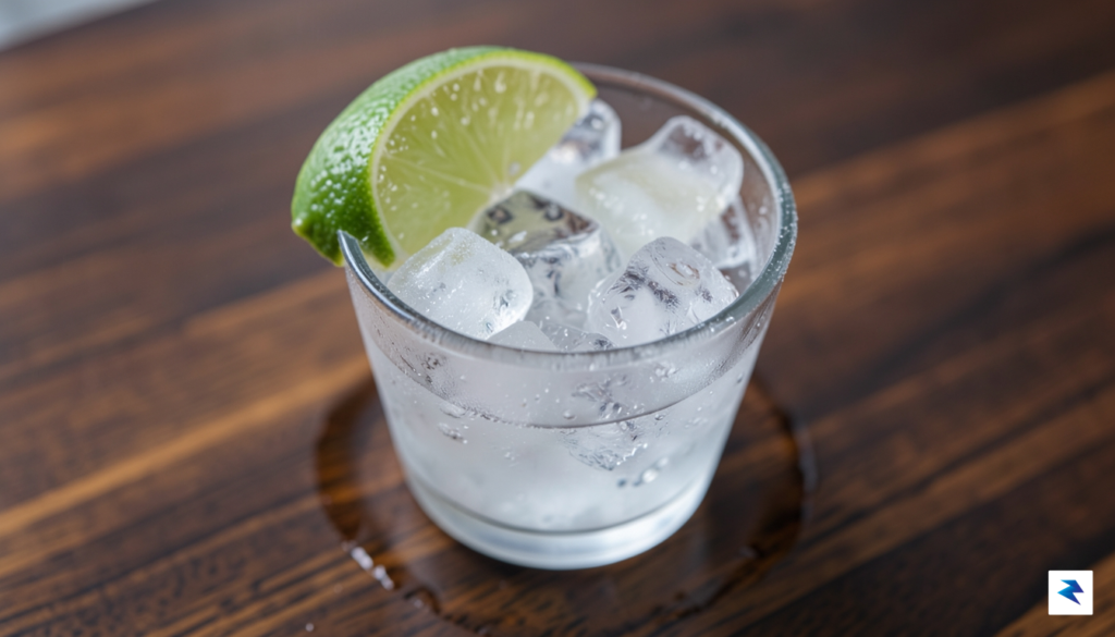 A close-up, high-angle shot of a glass filled with sparkling&hellip;
