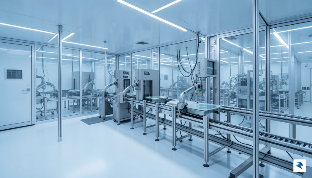 A high-tech semiconductor fabrication plant interior showing automated wafer handling&hellip;
