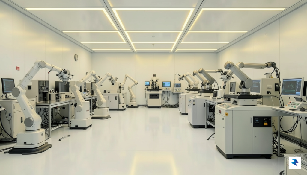A modern, high-tech semiconductor fabrication cleanroom with robotic arms and&hellip;