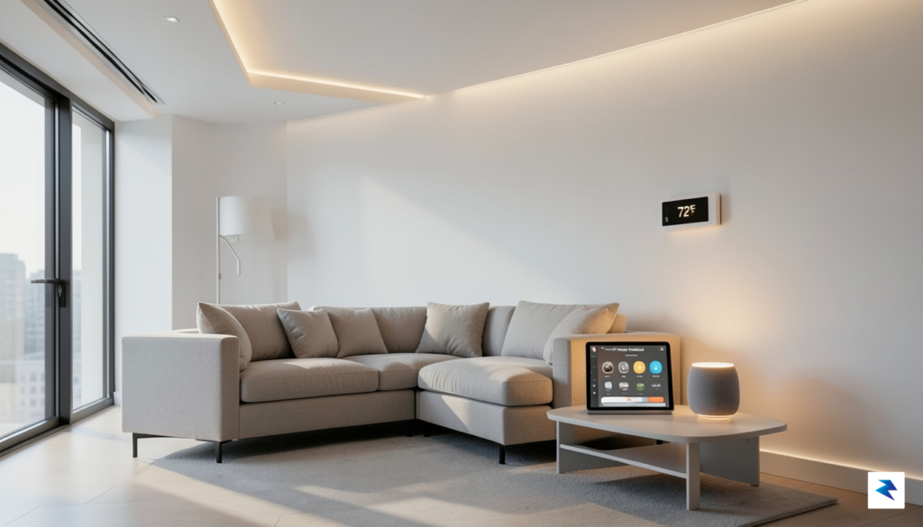A modern, minimalist living room interior showing various smart home&hellip;