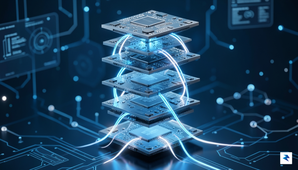 A conceptual 3D render showing multiple layers of silicon chips&hellip;