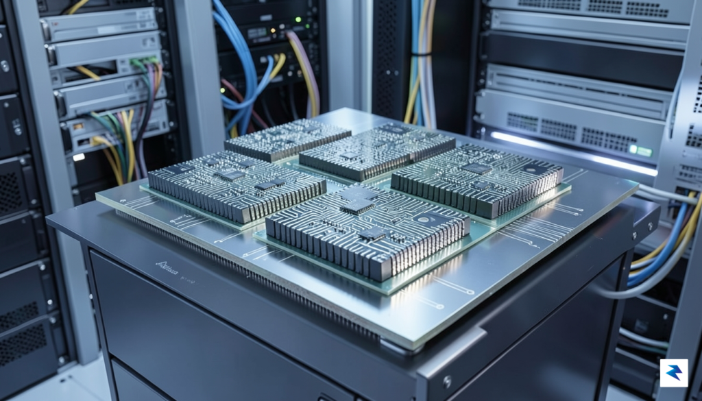 A sleek, professional 3D rendering of high-bandwidth memory chips integrated&hellip;