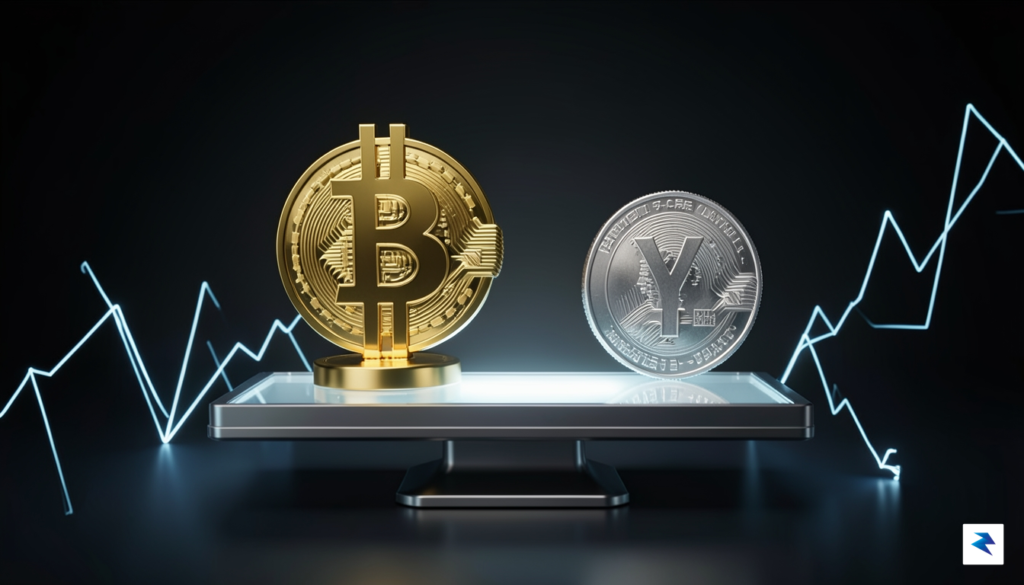 A conceptual 3D render showing a golden Bitcoin symbol balanced&hellip;