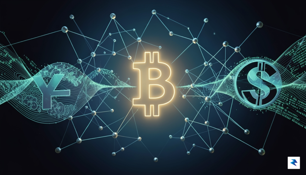A conceptual digital art piece showing a glowing Bitcoin symbol&hellip;