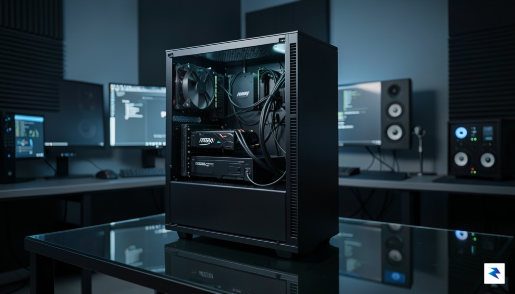 A sleek, high-end PC workstation tower with transparent side panels&hellip;