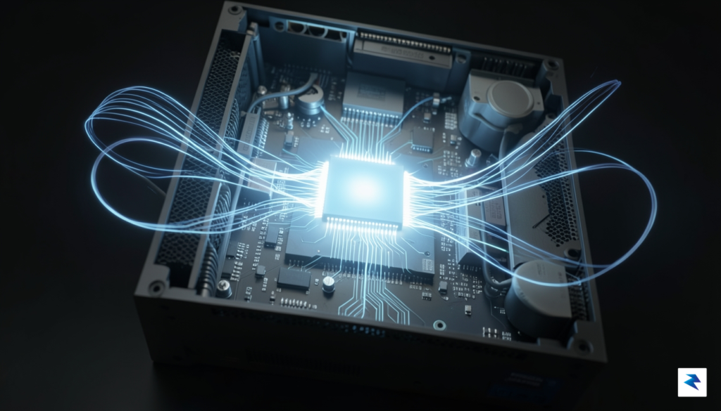 A conceptual 3D render showing a glowing silicon chip at&hellip;