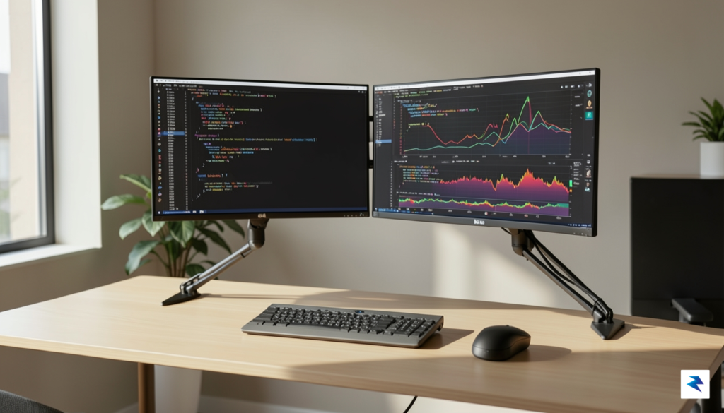 A professional workstation setup featuring dual monitors displaying complex code&hellip;
