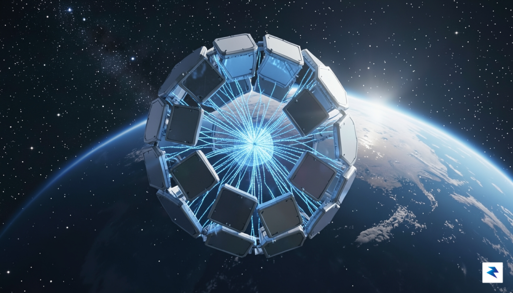 A cinematic, wide-angle shot of a modular, futuristic data center&hellip;