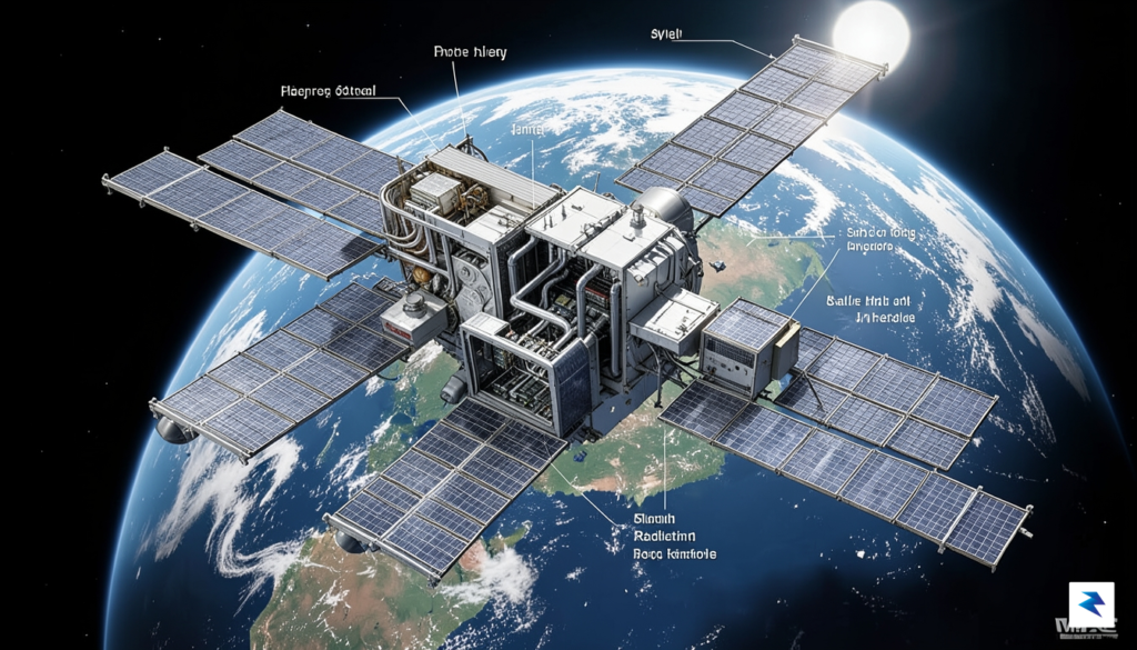 A detailed schematic showing a satellite with large radiator panels,&hellip;