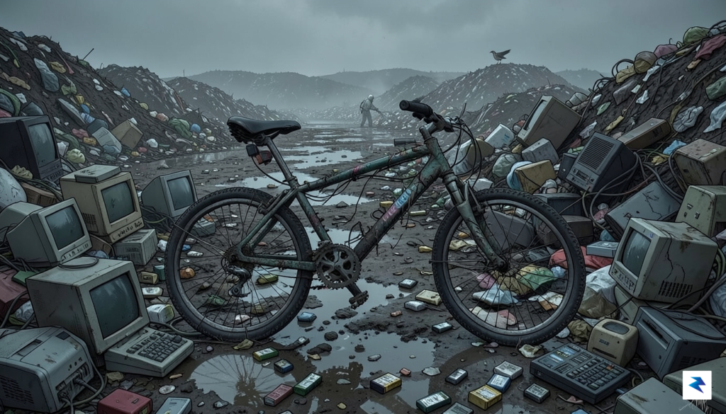 A vivid illustration of a broken e-bike tangled in a&hellip;