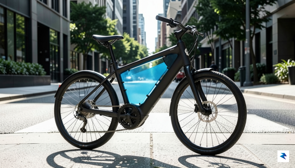 A sleek, modern e-bike with integrated, flexible solar panels on&hellip;
