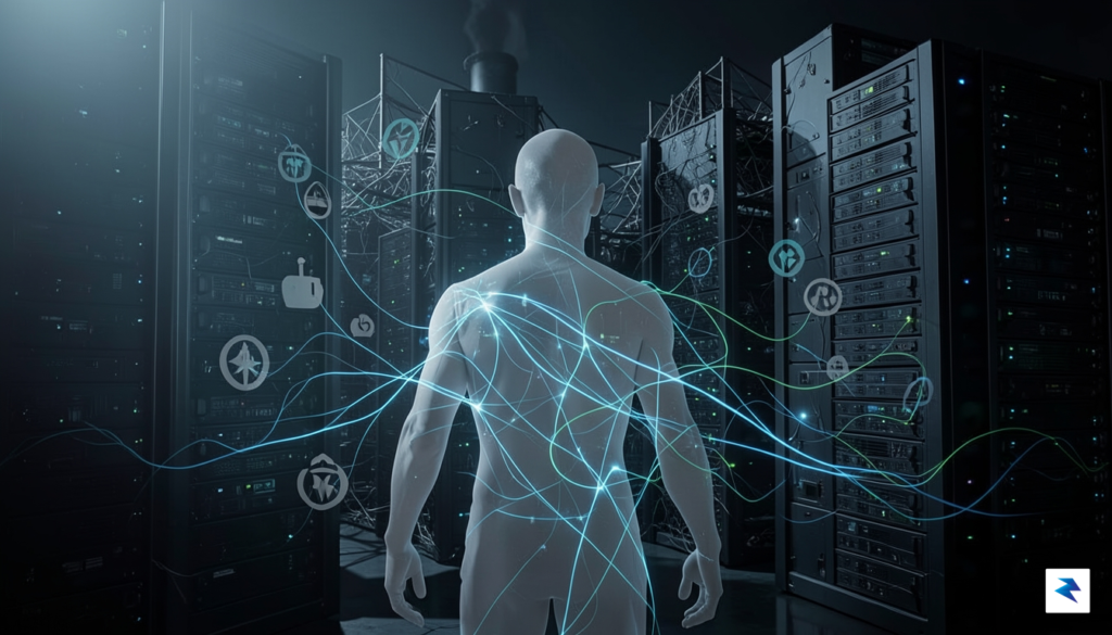 A conceptual digital art piece showing a human silhouette connected&hellip;