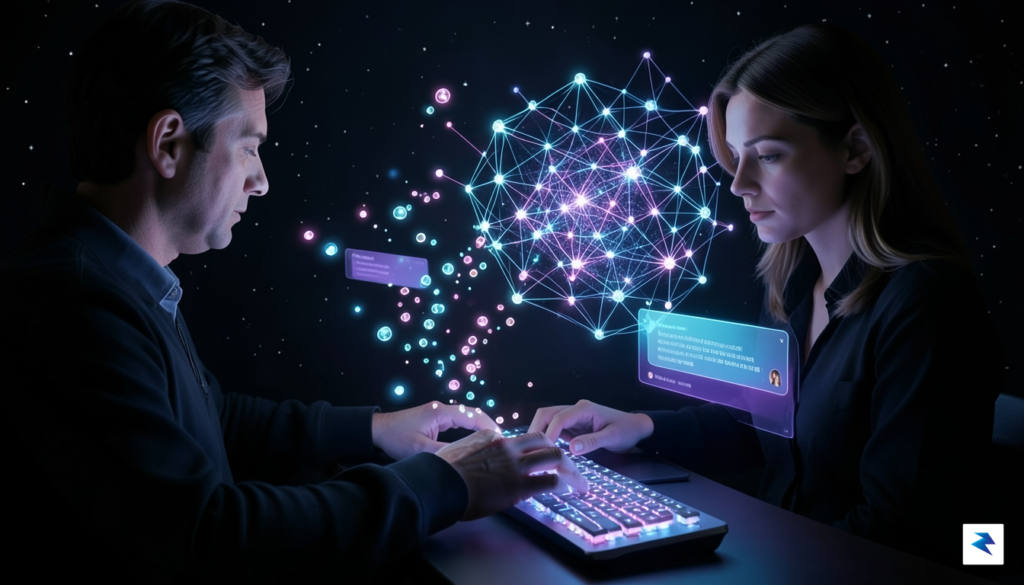 A conceptual digital illustration showing a person typing into a&hellip;