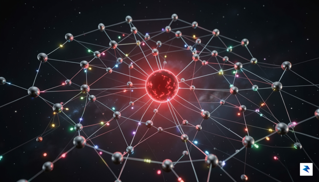 A digital visualization showing a complex web of interconnected nodes&hellip;