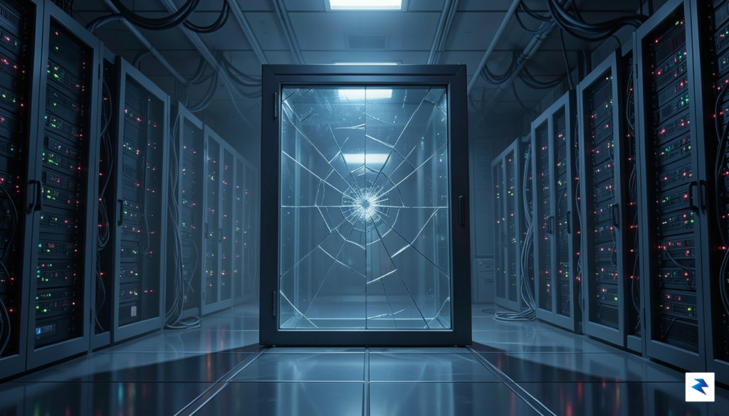A conceptual digital illustration showing a cracked glass vault door&hellip;