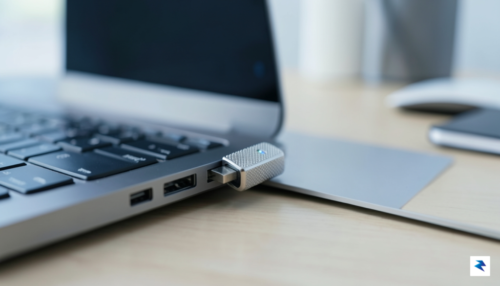 A close-up, high-quality shot of a YubiKey inserted into a&hellip;