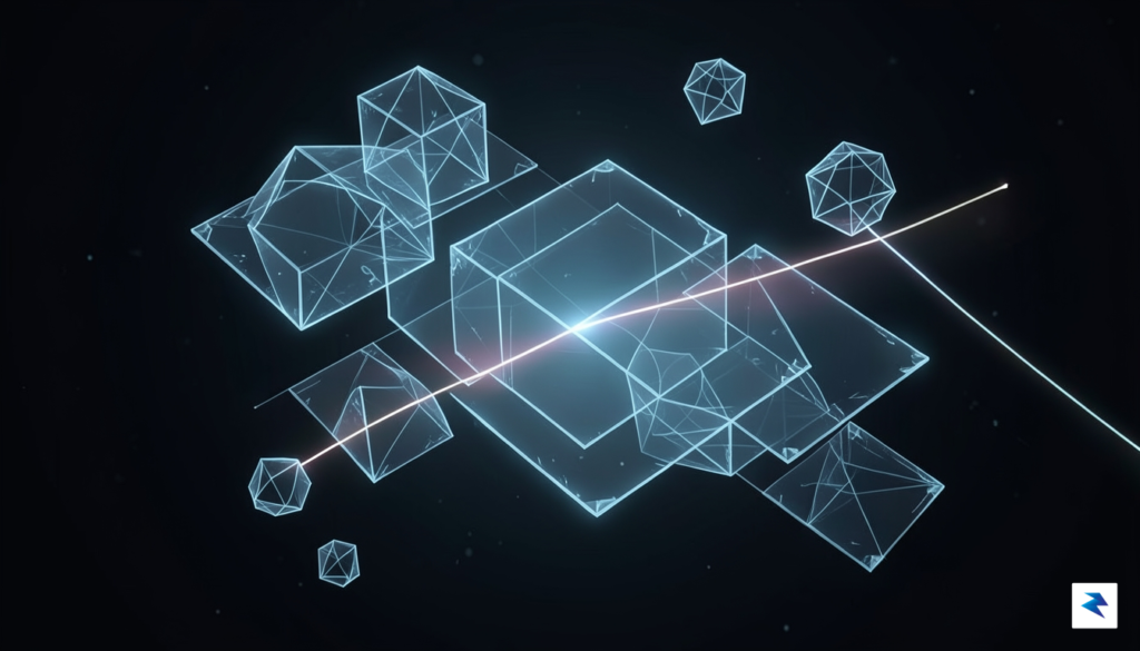 A conceptual digital illustration showing multiple transparent, glowing geometric layers&hellip;