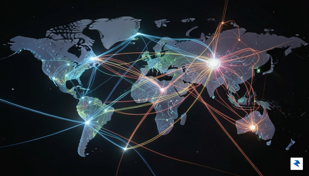 An abstract representation of interconnected global networks, with distinct hubs&hellip;
