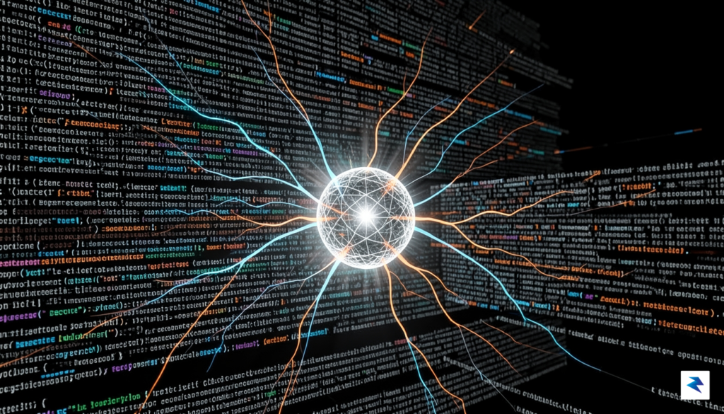 A close-up digital illustration of a glowing, complex codebase matrix&hellip;