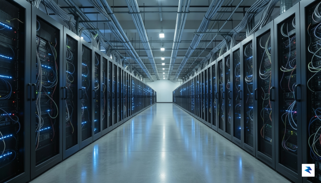 A wide-angle, high-resolution cinematic shot of a massive, glowing server&hellip;