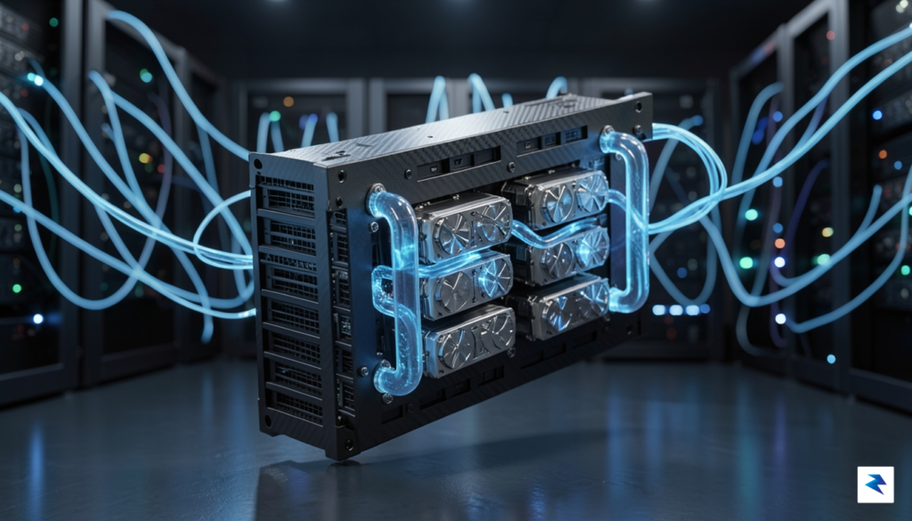 A close-up, high-tech architectural render of a modular server blade&hellip;