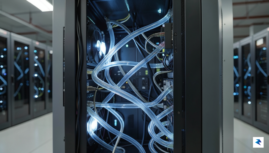 A close-up shot of liquid-cooled supercomputer racks, showing intricate tubing&hellip;