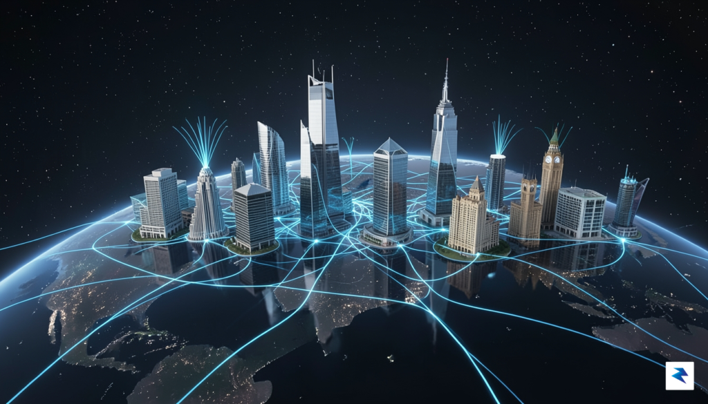 A sleek, high-tech visualization of a digital global network connecting&hellip;