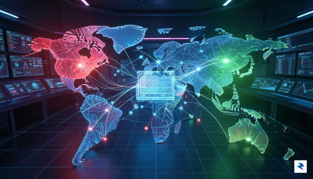 A digital, high-tech conceptual visualization of a global network map,&hellip;