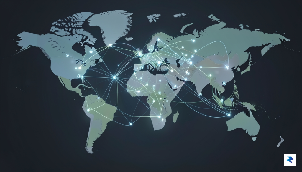 A digital visualization of a global financial network, showing nodes&hellip;