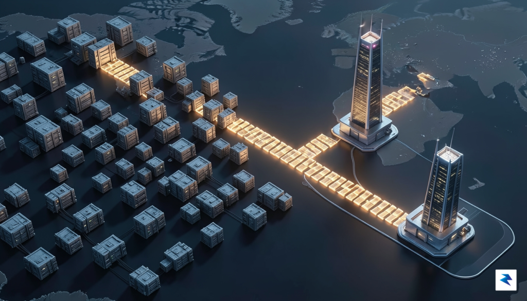 A digital, isometric 3D visualization showing a complex, cluttered web&hellip;
