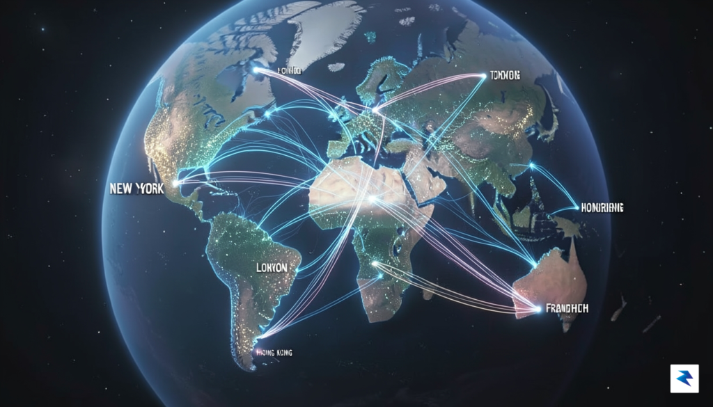 A conceptual digital illustration showing a glowing, interconnected global network&hellip;
