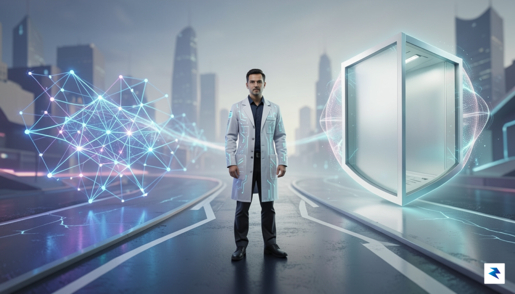 A conceptual illustration showing a researcher standing at a crossroads,…
