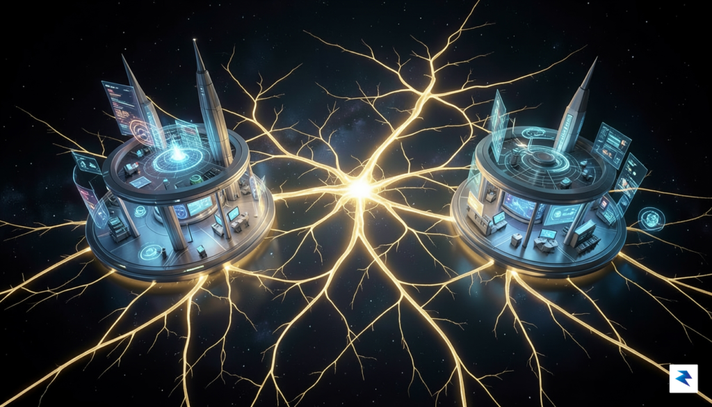 A conceptual digital illustration showing a complex, glowing neural network…
