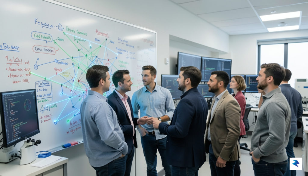 A diverse group of scientists intensely collaborating around a whiteboard…