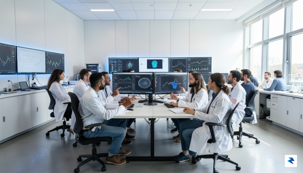 A diverse group of scientists and researchers in a modern,…